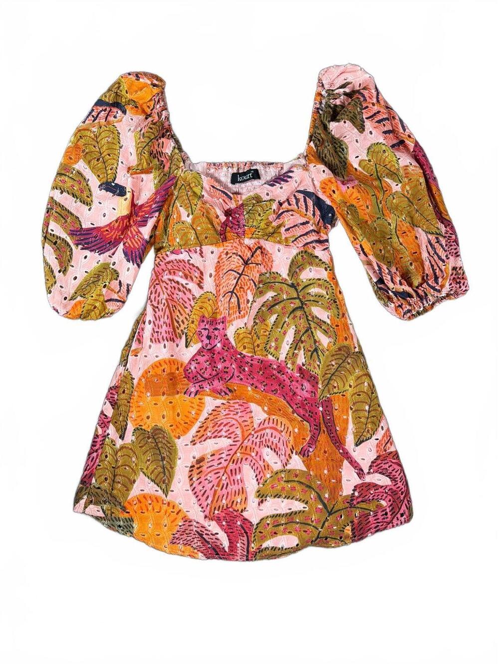Kourt XS Pink Leopard Tropical Print Puff Sleeve Dress 100% Cotton
